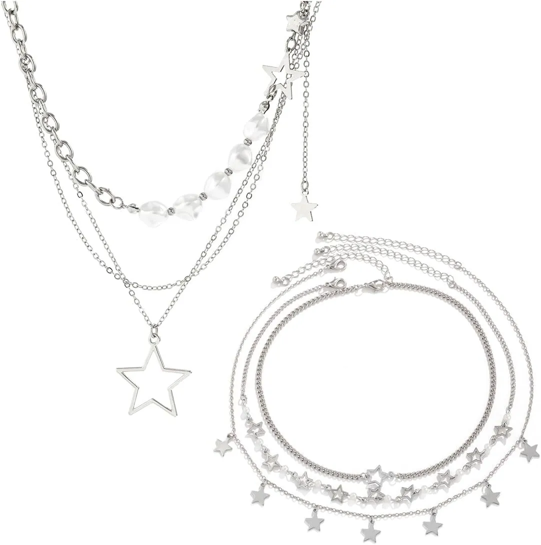 Silver Star Necklace Y2K Accessories Jewelry Chunky Silver Necklace Stack Grunge Kawaii Cute Necklaces Aesthetic Vintage Emo Jewelry (Y2K Star Necklace Style 7)