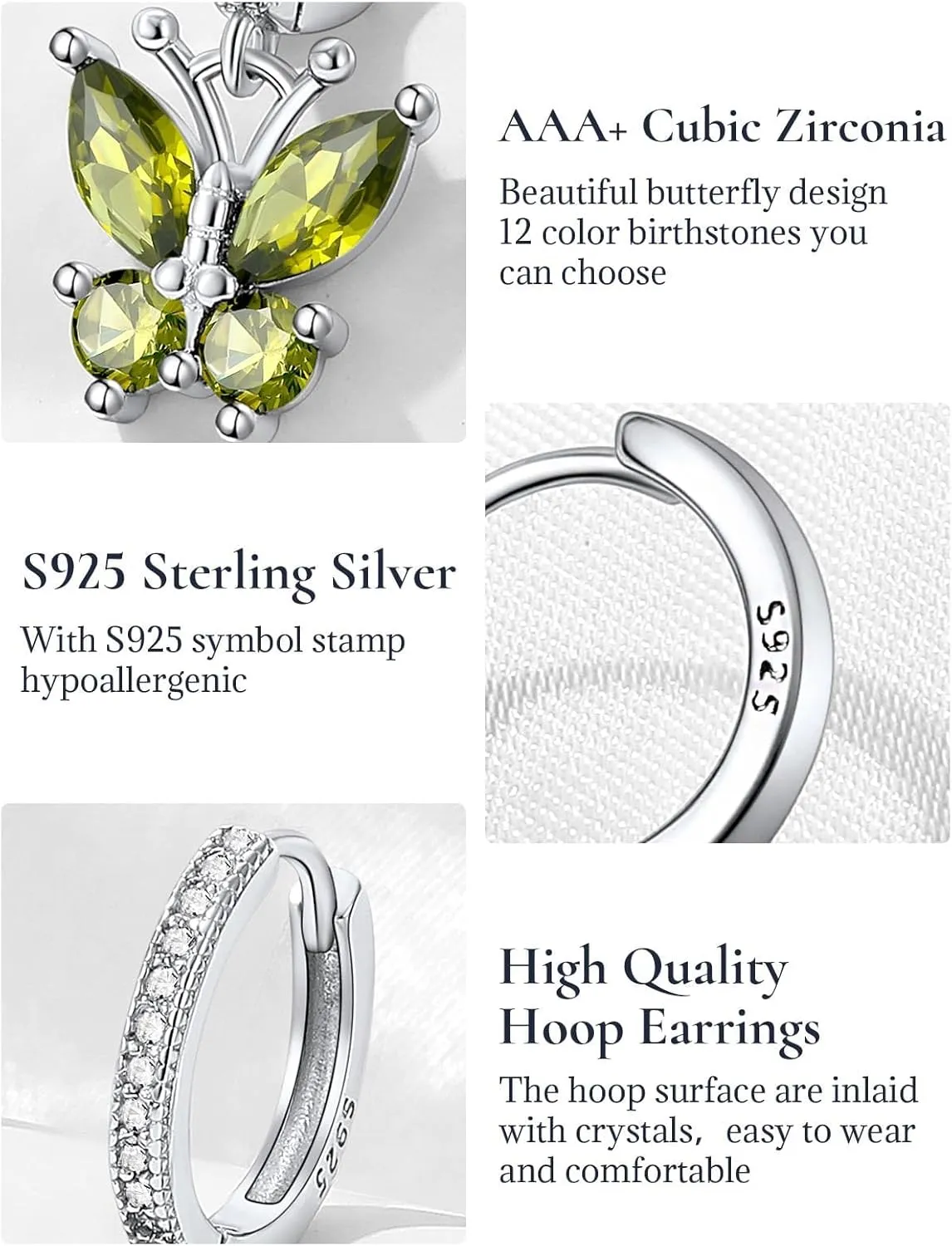SILVERCUTE 925 Sterling Silver Butterfly Hoop Earrings - 12 Birthstone Butterfly Dangle Earrings, Cute Huggie Hoops Butterfly Jewelry for Women Teen Girls