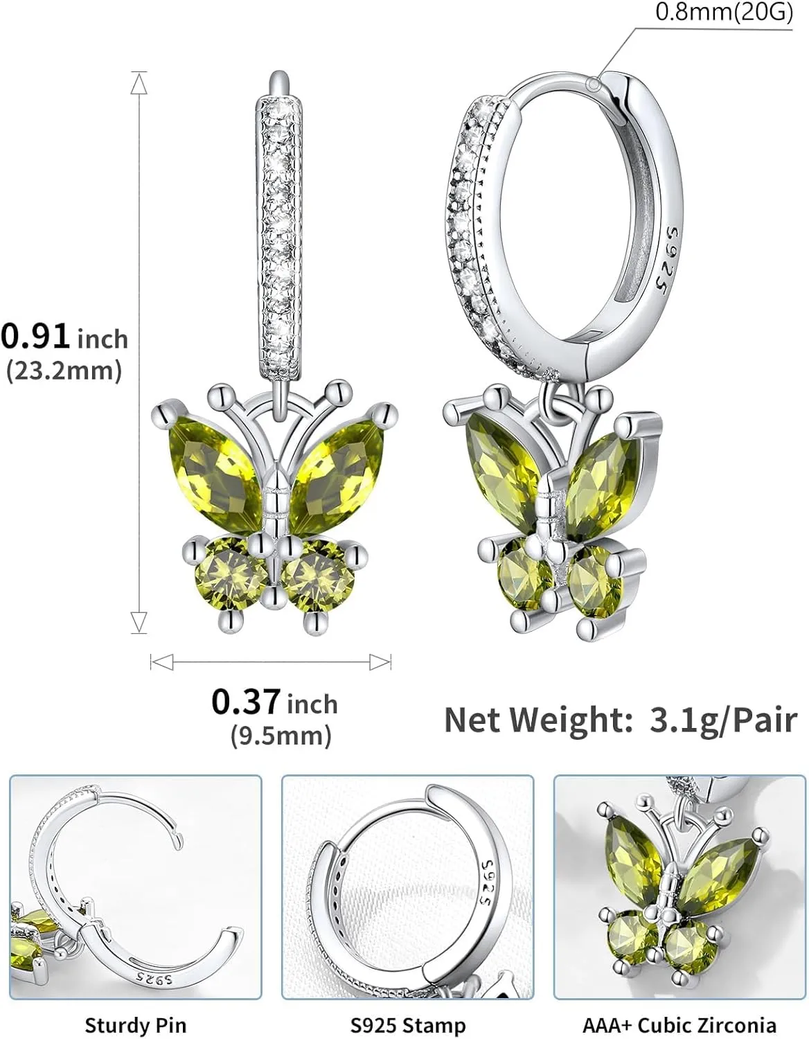 SILVERCUTE 925 Sterling Silver Butterfly Hoop Earrings - 12 Birthstone Butterfly Dangle Earrings, Cute Huggie Hoops Butterfly Jewelry for Women Teen Girls