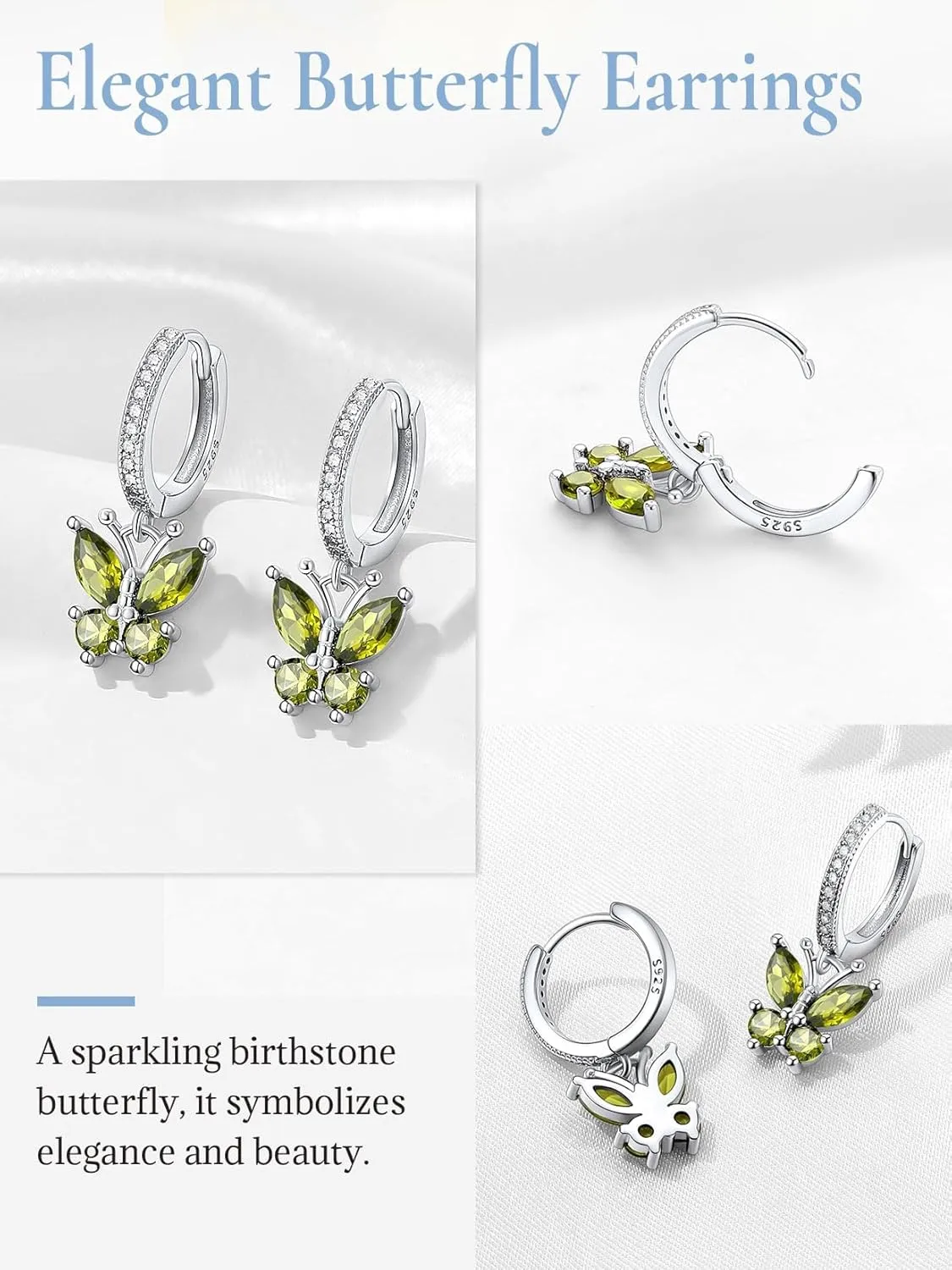 SILVERCUTE 925 Sterling Silver Butterfly Hoop Earrings - 12 Birthstone Butterfly Dangle Earrings, Cute Huggie Hoops Butterfly Jewelry for Women Teen Girls