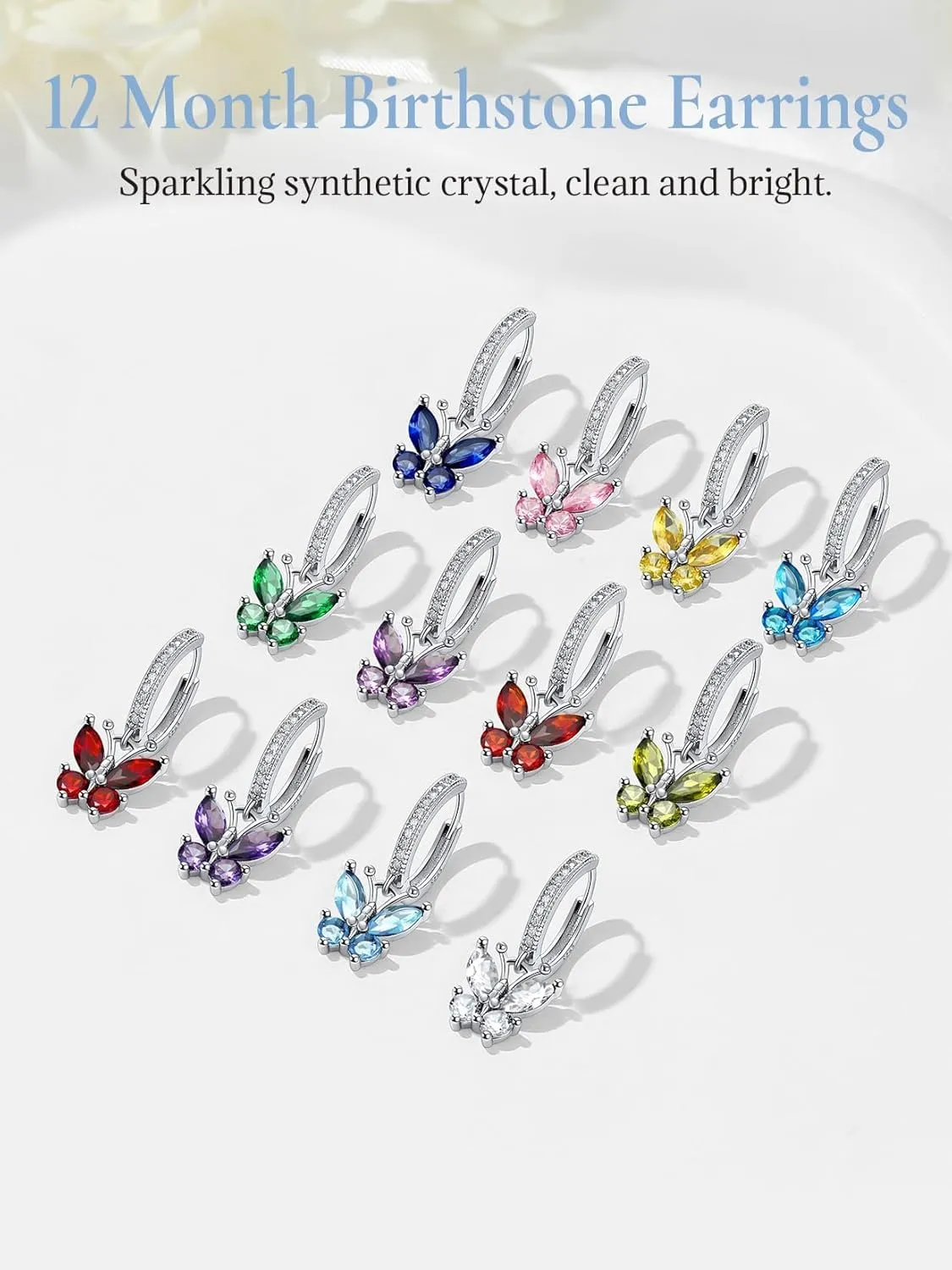 SILVERCUTE 925 Sterling Silver Butterfly Hoop Earrings - 12 Birthstone Butterfly Dangle Earrings, Cute Huggie Hoops Butterfly Jewelry for Women Teen Girls