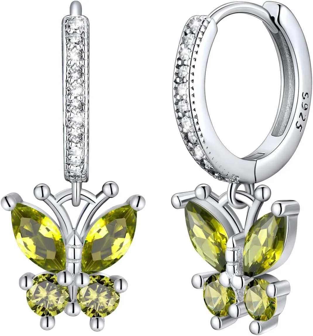 SILVERCUTE 925 Sterling Silver Butterfly Hoop Earrings - 12 Birthstone Butterfly Dangle Earrings, Cute Huggie Hoops Butterfly Jewelry for Women Teen Girls