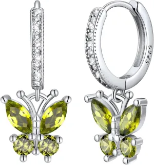 SILVERCUTE 925 Sterling Silver Butterfly Hoop Earrings - 12 Birthstone Butterfly Dangle Earrings, Cute Huggie Hoops Butterfly Jewelry for Women Teen Girls