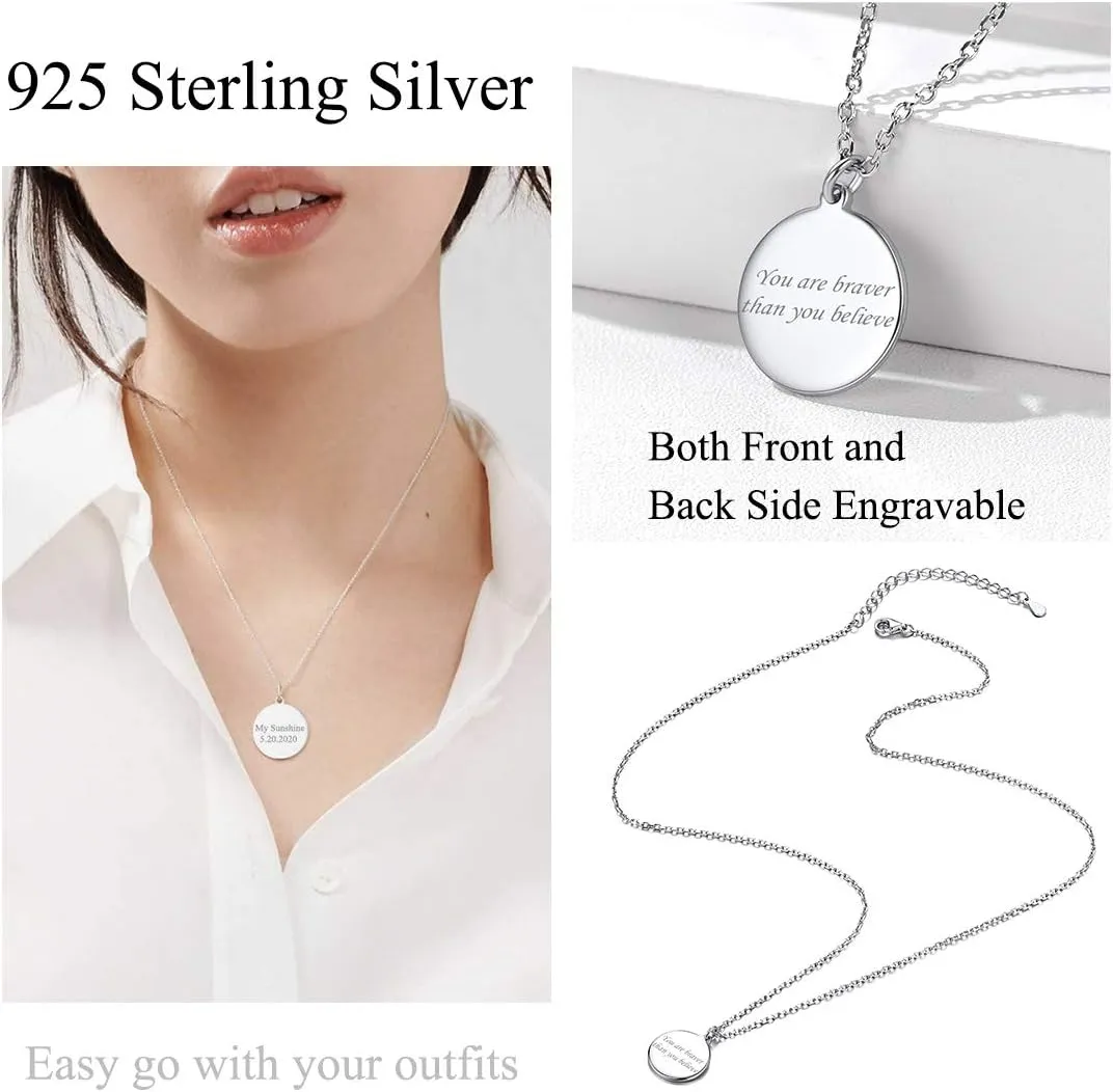 SILVERCUTE Custom Initial Disc Necklace 925 Sterling Silver Minimalist Personalized Circle/Heart Pendant Text Engravable with Name/Date/Locations Medal Necklaces for Men Women