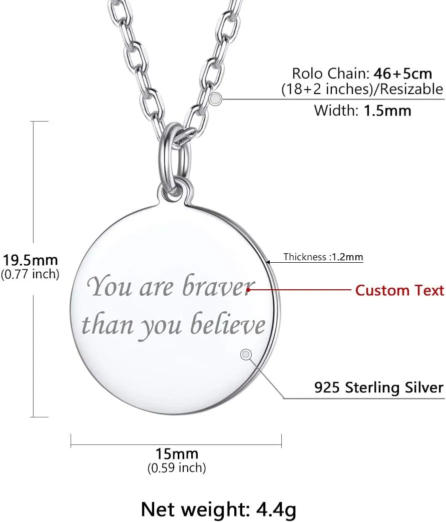 SILVERCUTE Custom Initial Disc Necklace 925 Sterling Silver Minimalist Personalized Circle/Heart Pendant Text Engravable with Name/Date/Locations Medal Necklaces for Men Women