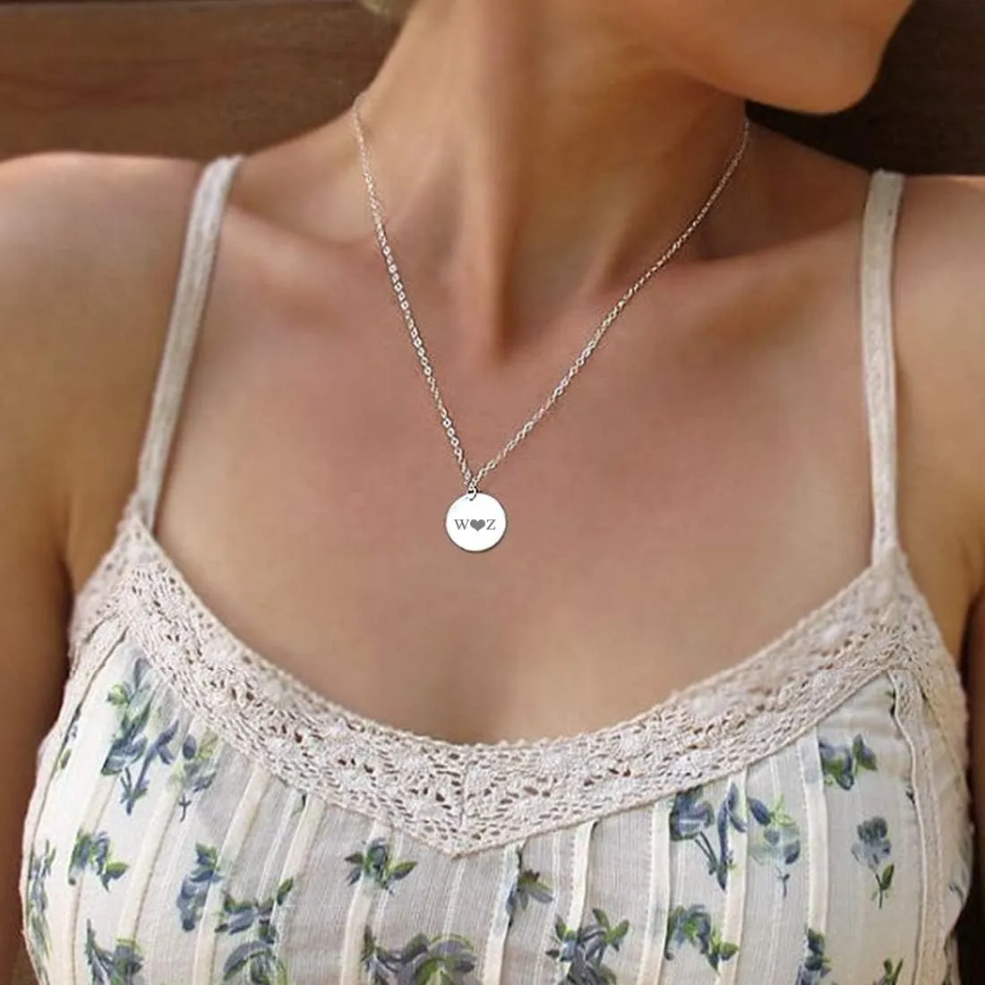 SILVERCUTE Custom Initial Disc Necklace 925 Sterling Silver Minimalist Personalized Circle/Heart Pendant Text Engravable with Name/Date/Locations Medal Necklaces for Men Women