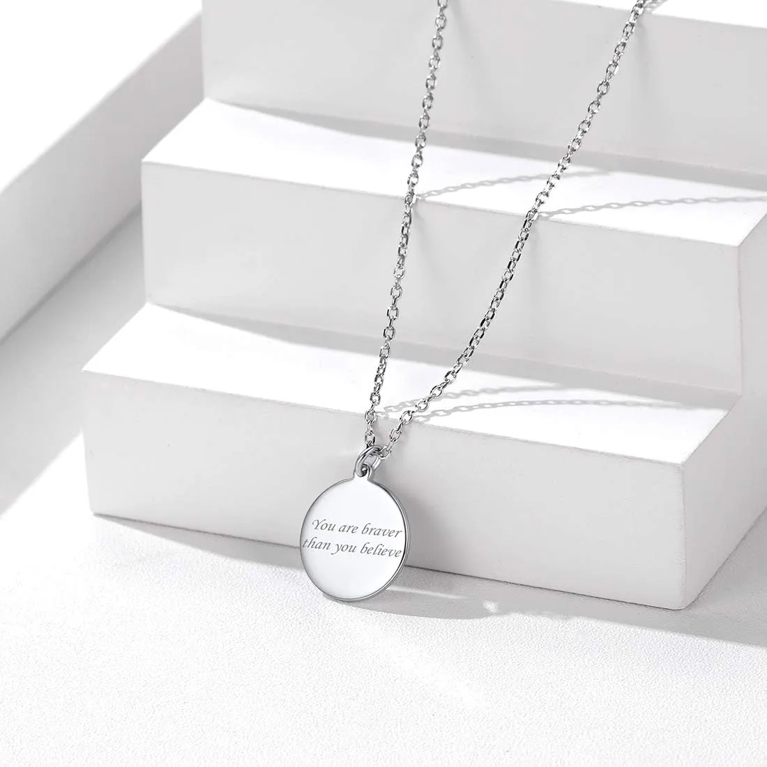 SILVERCUTE Custom Initial Disc Necklace 925 Sterling Silver Minimalist Personalized Circle/Heart Pendant Text Engravable with Name/Date/Locations Medal Necklaces for Men Women