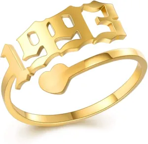SKQIR Year Open Ring for Women,Initial Number Birth Year Ring Adjustable Promise Rings Engagement Wedding Band Gold/Silver Stainless Steel Ring for Girl Delicate Jewelry Gift