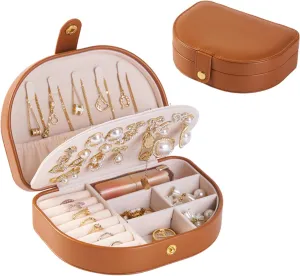 Small Travel Jewelry Box, Leather Waterproof Jewelry Case for Women, Removable Large Capacity Jewelry Organizer, Store Necklaces, Earrings, Rings, Gifts for Women and Girls,2 Layers brown
