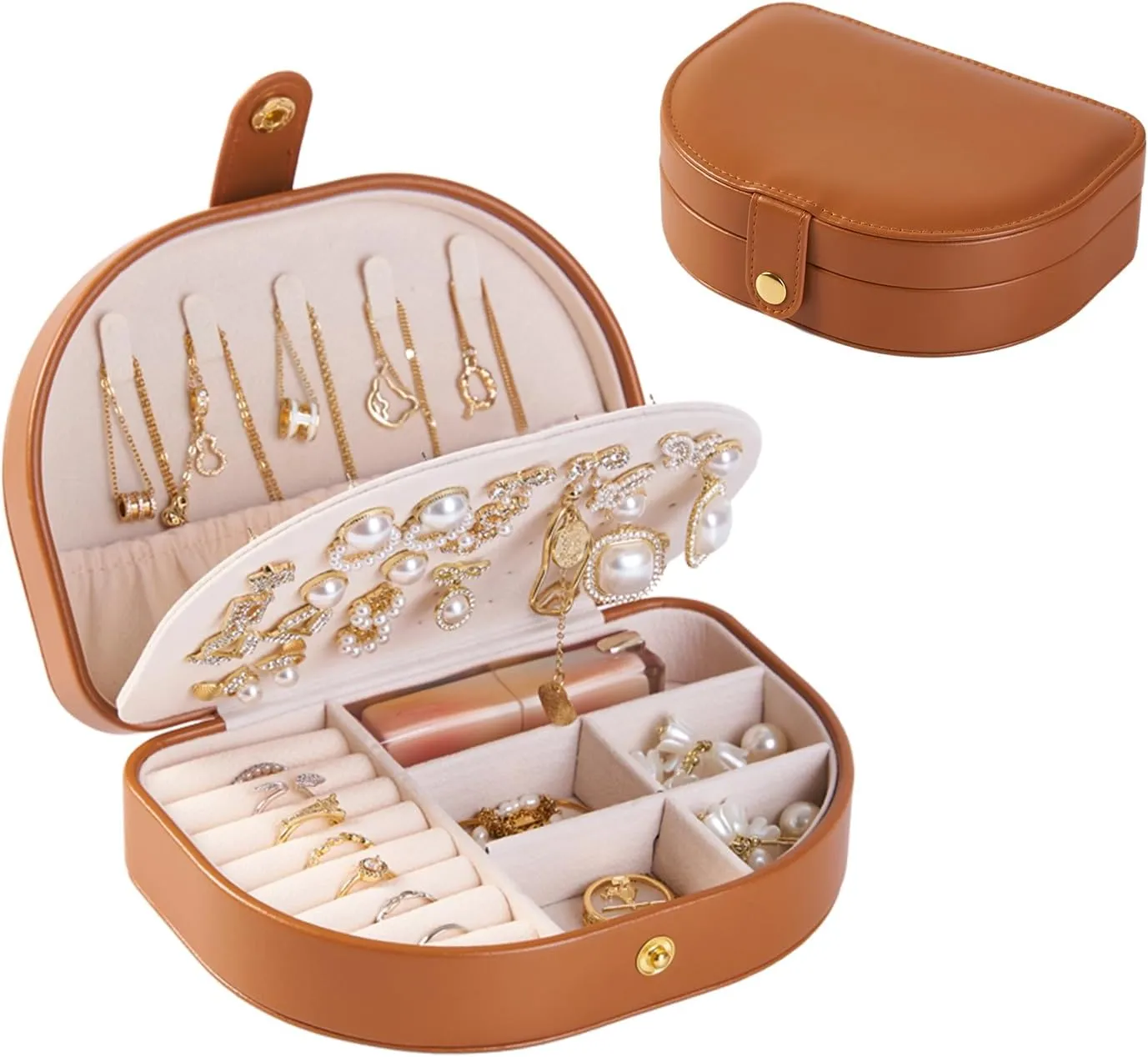 Small Travel Jewelry Box, Leather Waterproof Jewelry Case for Women, Removable Large Capacity Jewelry Organizer, Store Necklaces, Earrings, Rings, Gifts for Women and Girls,2 Layers brown