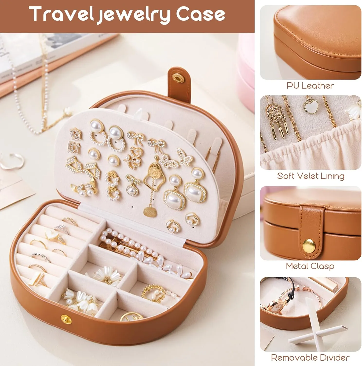 Small Travel Jewelry Box, Leather Waterproof Jewelry Case for Women, Removable Large Capacity Jewelry Organizer, Store Necklaces, Earrings, Rings, Gifts for Women and Girls,2 Layers brown