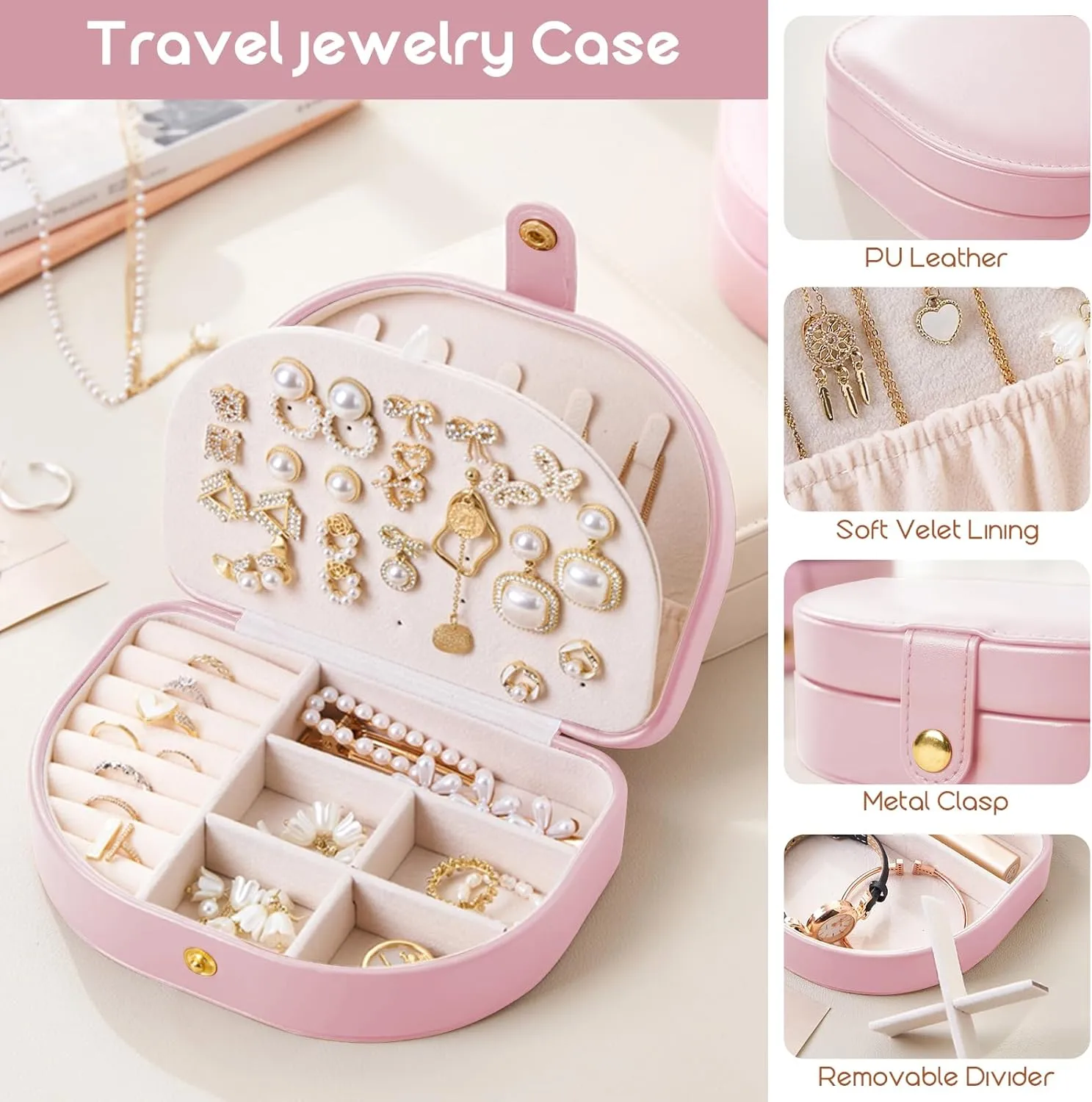 Small Travel Jewelry Box, Leather Waterproof Jewelry Case for Women, Removable Large Capacity Jewelry Organizer, Store Necklaces, Earrings, Rings, Gifts for Women and Girls,2 Layers pink