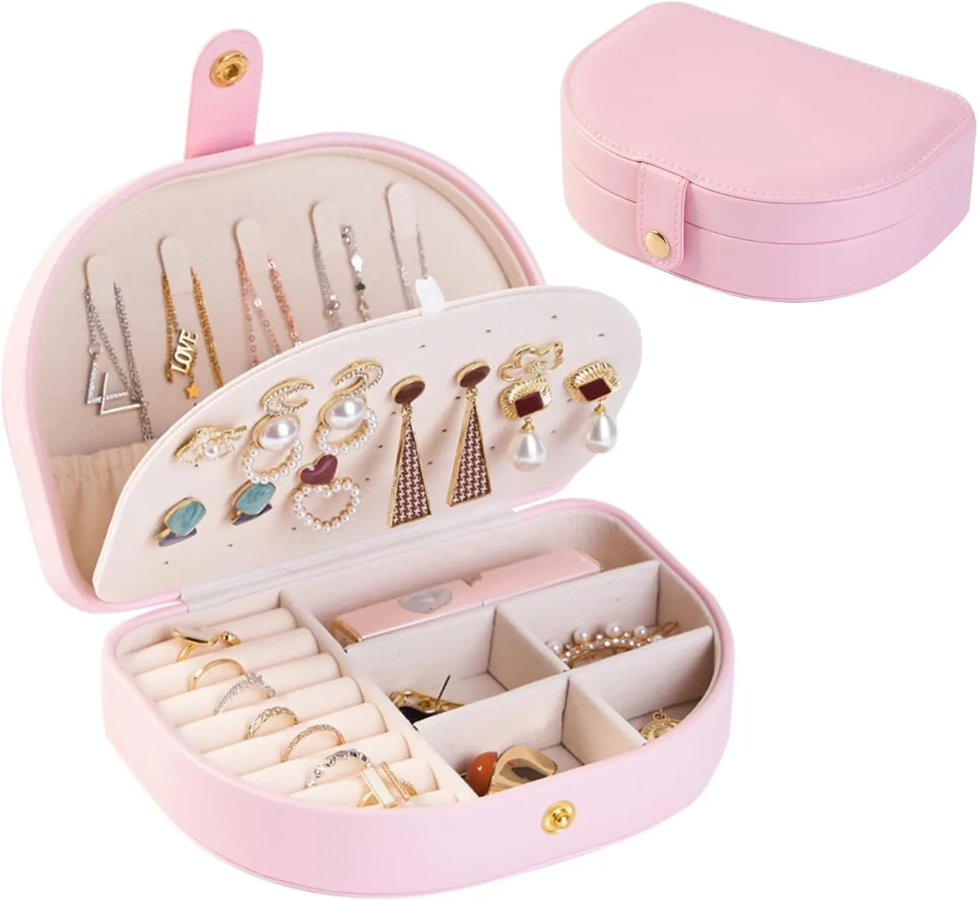Small Travel Jewelry Box, Leather Waterproof Jewelry Case for Women, Removable Large Capacity Jewelry Organizer, Store Necklaces, Earrings, Rings, Gifts for Women and Girls,2 Layers pink