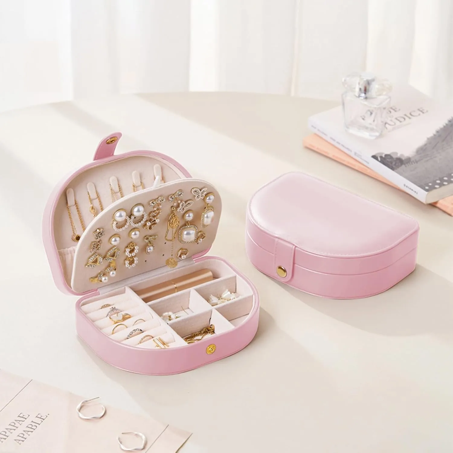 Small Travel Jewelry Box, Leather Waterproof Jewelry Case for Women, Removable Large Capacity Jewelry Organizer, Store Necklaces, Earrings, Rings, Gifts for Women and Girls,2 Layers pink