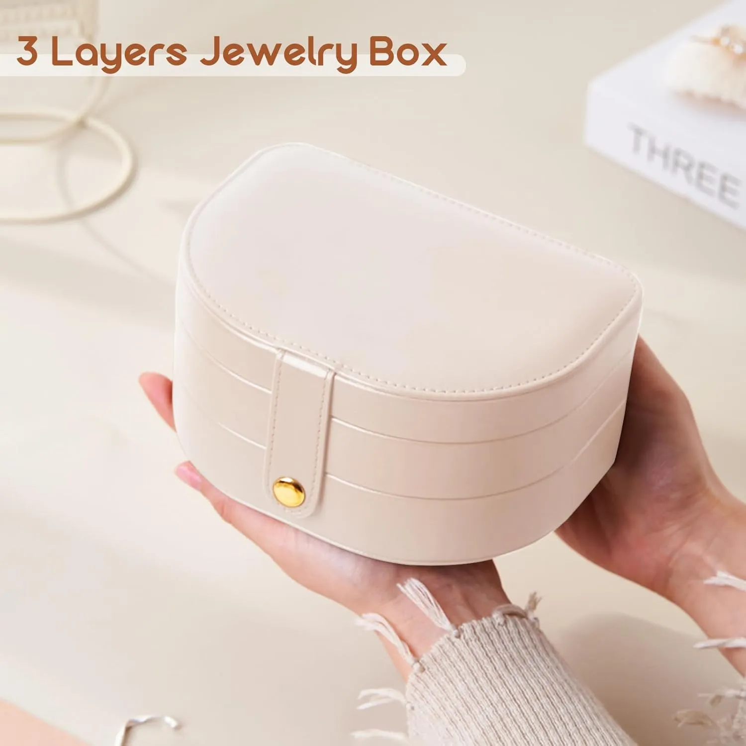 Small Travel Jewelry Box, Leather Waterproof Jewelry Case for Women, Removable Large Capacity Jewelry Organizer, Store Necklaces, Earrings, Rings, Gifts for Women and Girls,3 Layers White
