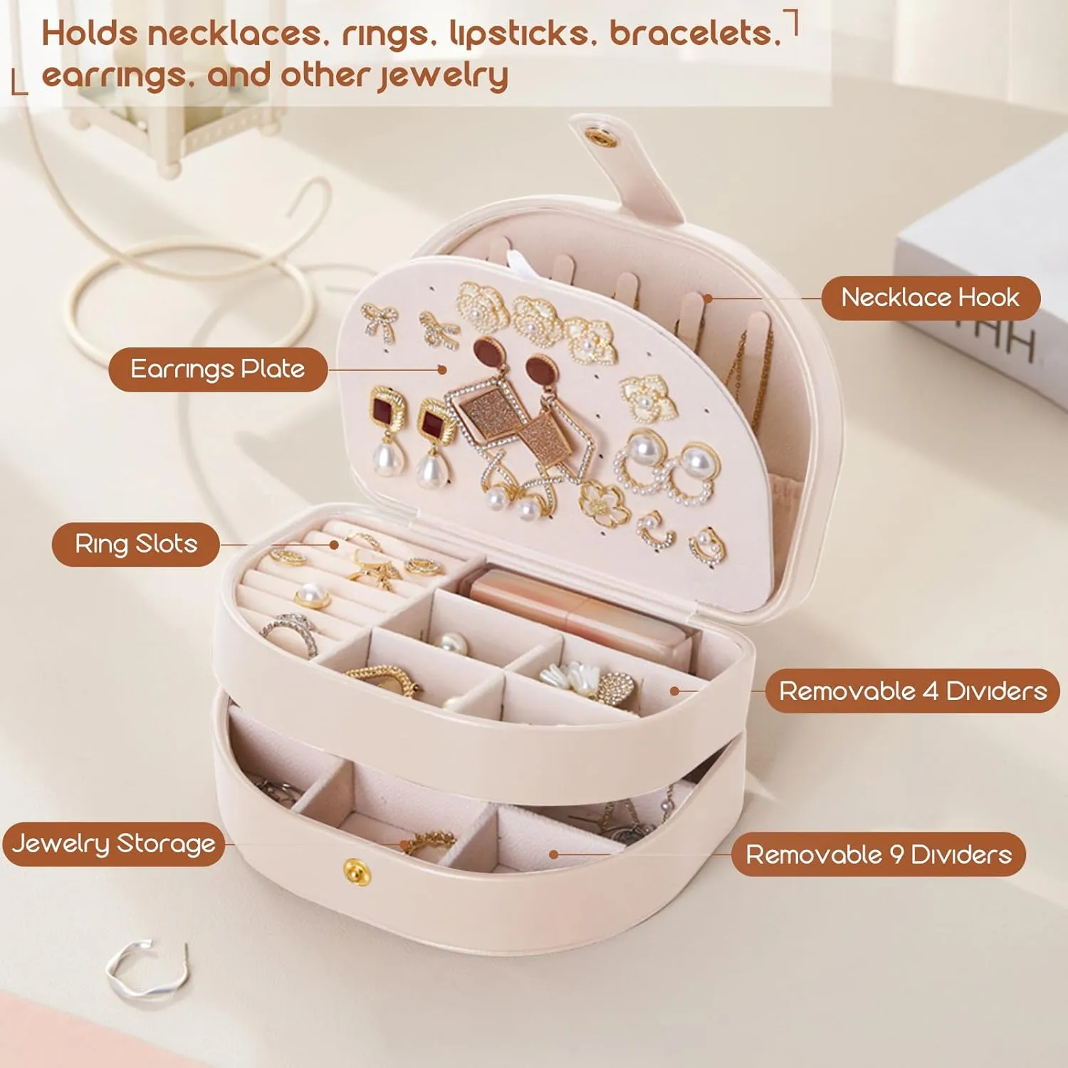 Small Travel Jewelry Box, Leather Waterproof Jewelry Case for Women, Removable Large Capacity Jewelry Organizer, Store Necklaces, Earrings, Rings, Gifts for Women and Girls,3 Layers White