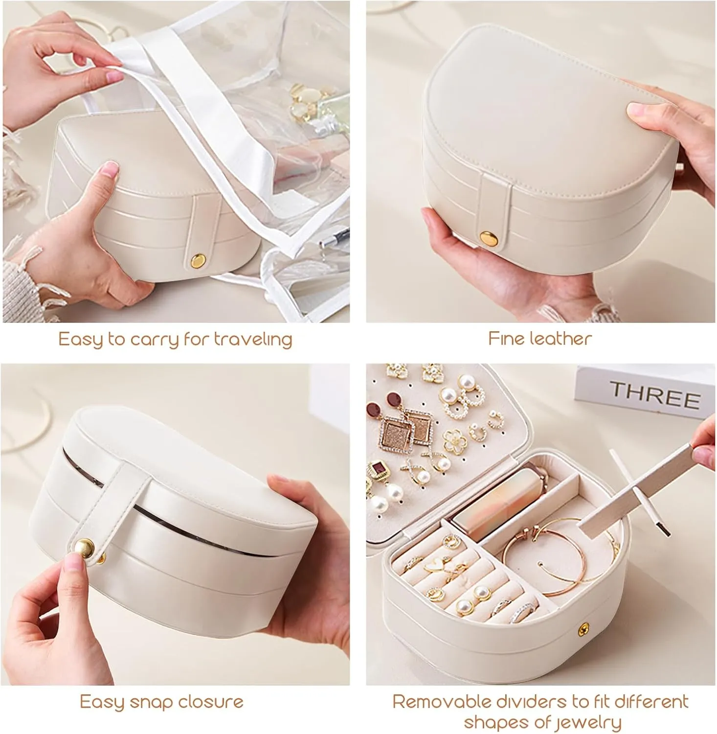 Small Travel Jewelry Box, Leather Waterproof Jewelry Case for Women, Removable Large Capacity Jewelry Organizer, Store Necklaces, Earrings, Rings, Gifts for Women and Girls,3 Layers White