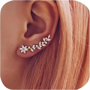 Sparkly 14K Gold Plated Cubic Zirconia Ear Crawler Earrings Crystal Leaf Ear Climber Earrings Faux Diamond Flower Fashion Simple Chic Stud Earrings in Rose Gold White Gold and Yellow Gold (Gold)