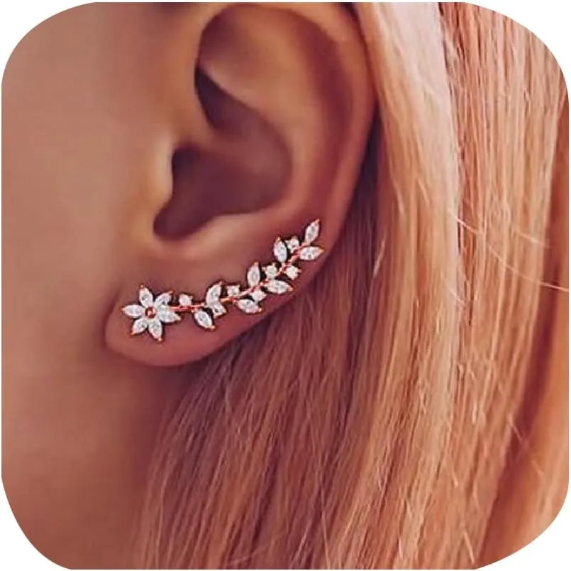 Sparkly 14K Gold Plated Cubic Zirconia Ear Crawler Earrings Crystal Leaf Ear Climber Earrings Faux Diamond Flower Fashion Simple Chic Stud Earrings in Rose Gold White Gold and Yellow Gold (Rose Gold)