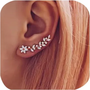 Sparkly 14K Gold Plated Cubic Zirconia Ear Crawler Earrings Crystal Leaf Ear Climber Earrings Faux Diamond Flower Fashion Simple Chic Stud Earrings in Rose Gold White Gold and Yellow Gold (Rose Gold)