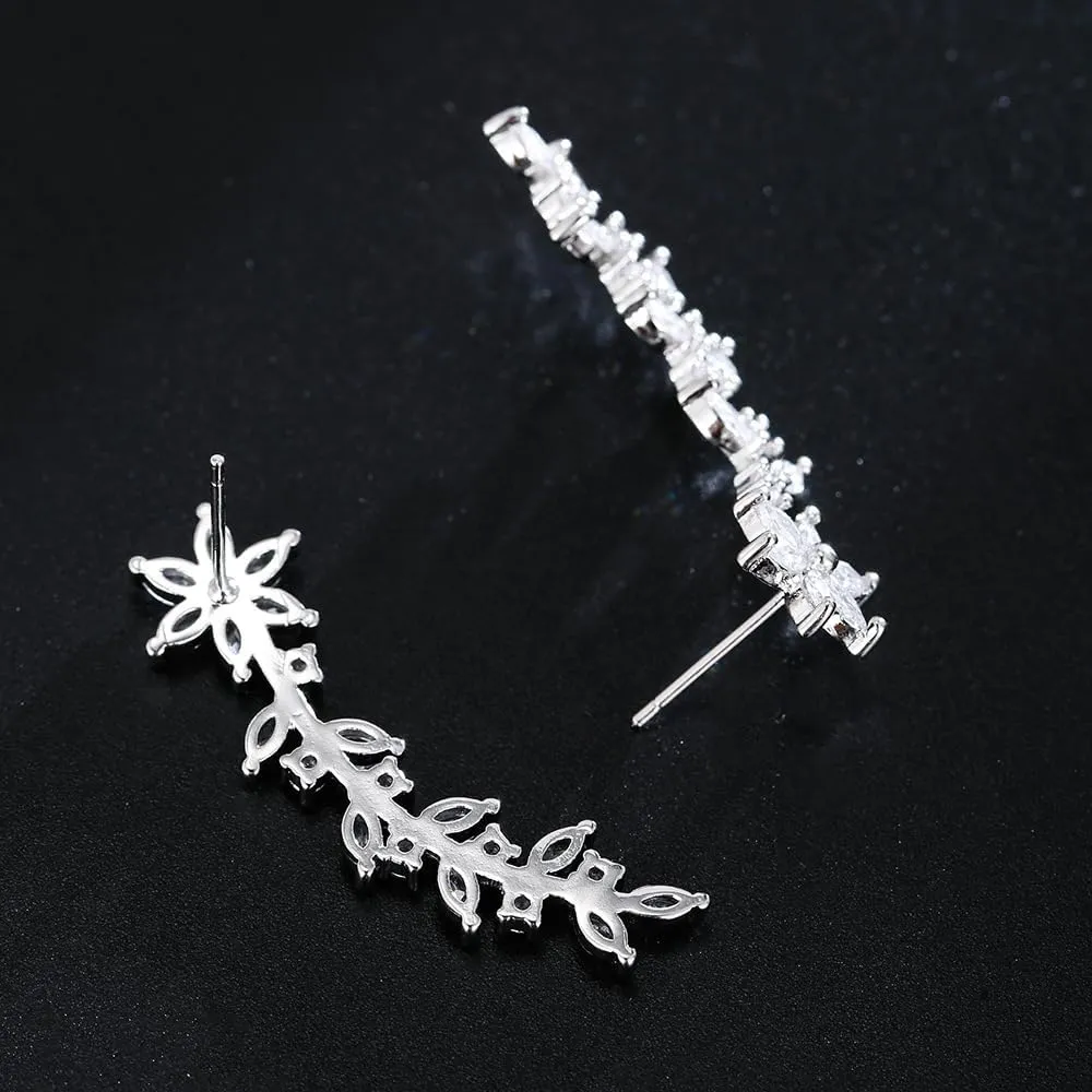 Sparkly 14K Gold Plated Cubic Zirconia Ear Crawler Earrings Crystal Leaf Ear Climber Earrings Faux Diamond Flower Fashion Simple Chic Stud Earrings in Rose Gold White Gold and Yellow Gold (Rose Gold)