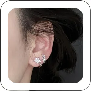 Sparkly Star Cuff Wraps Earrings Silver Double Star Wraparound CZ Studs Boho Tiny Pearl Mini Simple Cartilage Clip Earrings Wedding Bridesmaid Jewelry Gifts for Women