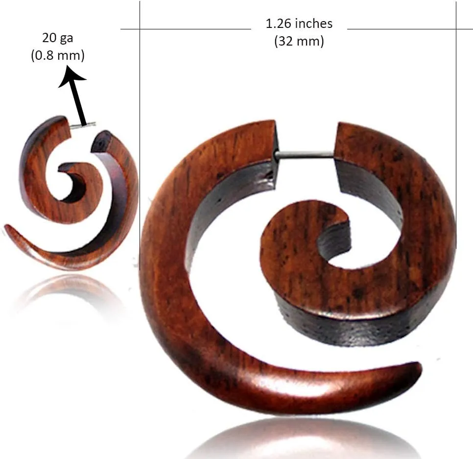 Spiral Fake Gauges for Women or Men - Faux Gauge Earrings with Organic Wood and Surgical Steel - Fake Plugs Sold as a Pair in Black or Brown