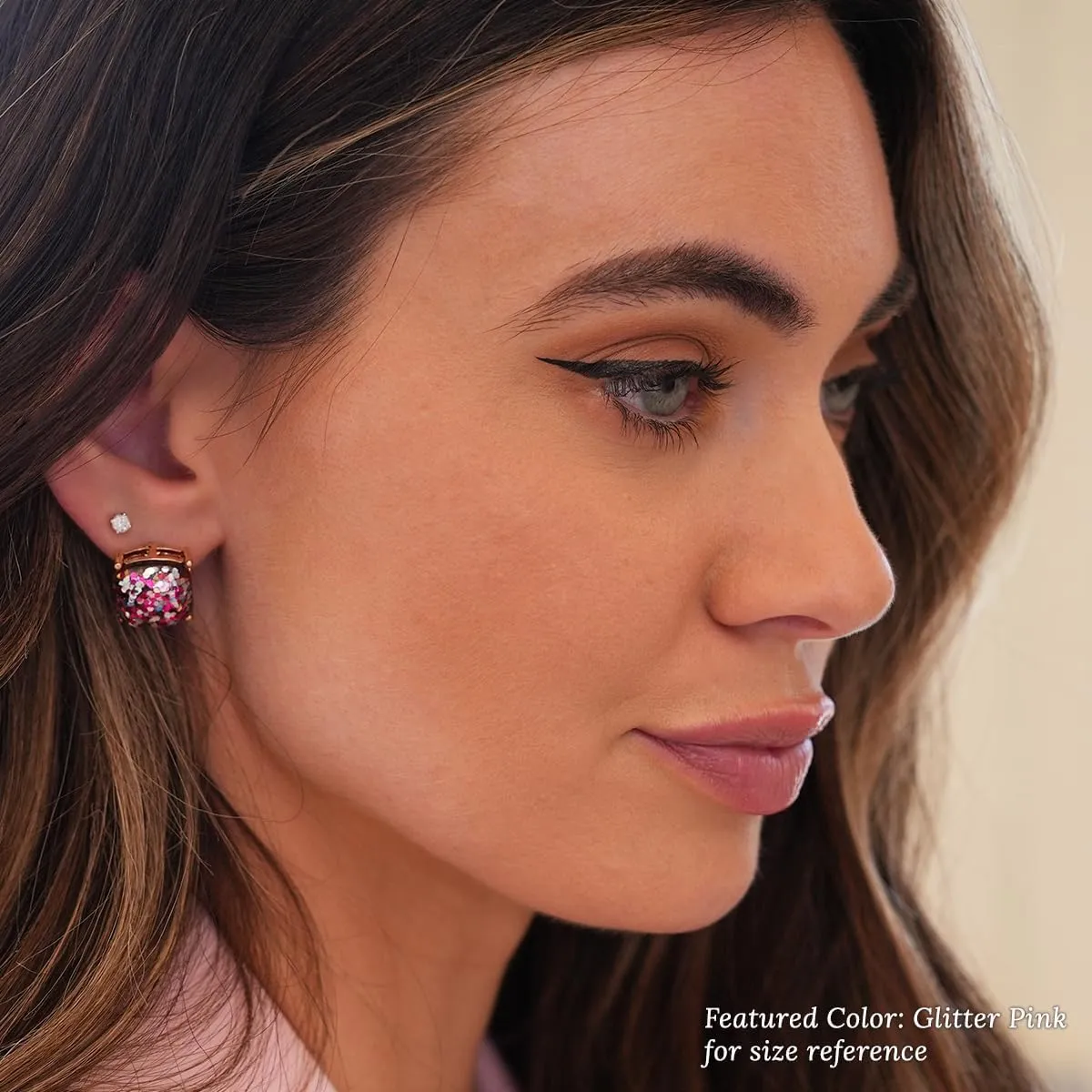 Square Stud Earrings for Women - Sparkly Glitter Statement Cushion Cut Post Studs Set