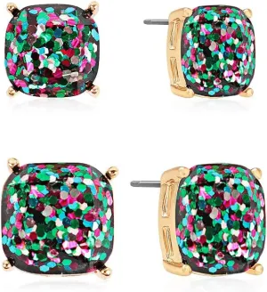 Square Stud Earrings for Women - Sparkly Glitter Statement Cushion Cut Post Studs Set