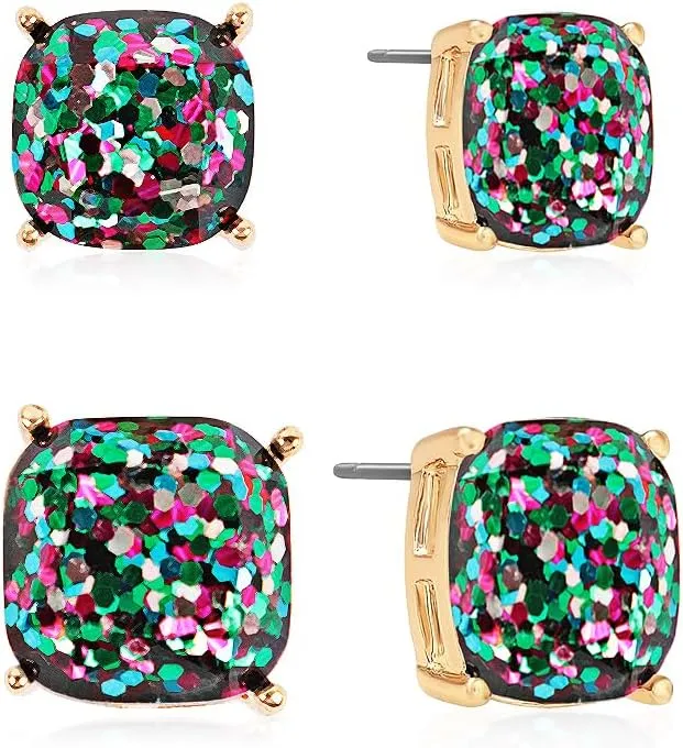 Square Stud Earrings for Women - Sparkly Glitter Statement Cushion Cut Post Studs Set