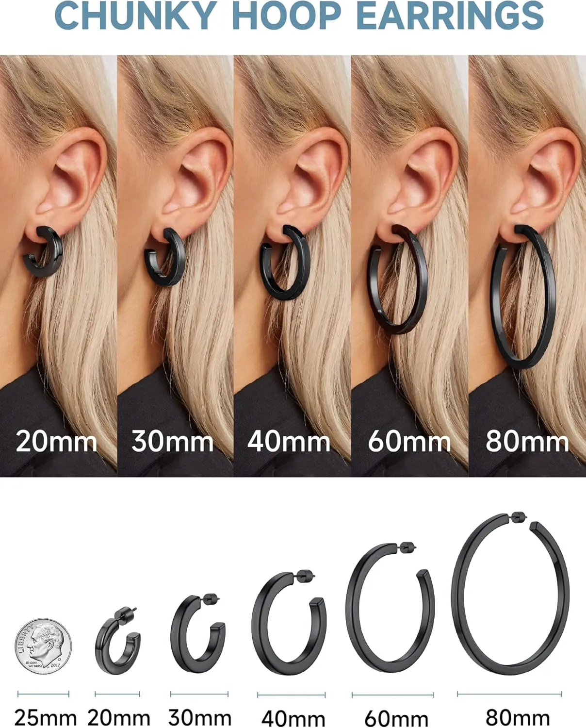 Stainless Steel Chunky Hoop Earrings For Women, Minimalist and Chic, Black/Gold Plated, Round Hoops Earrings Hypoallergenic, Size: 30mm/40mm/60mm/80mm, Come with Box