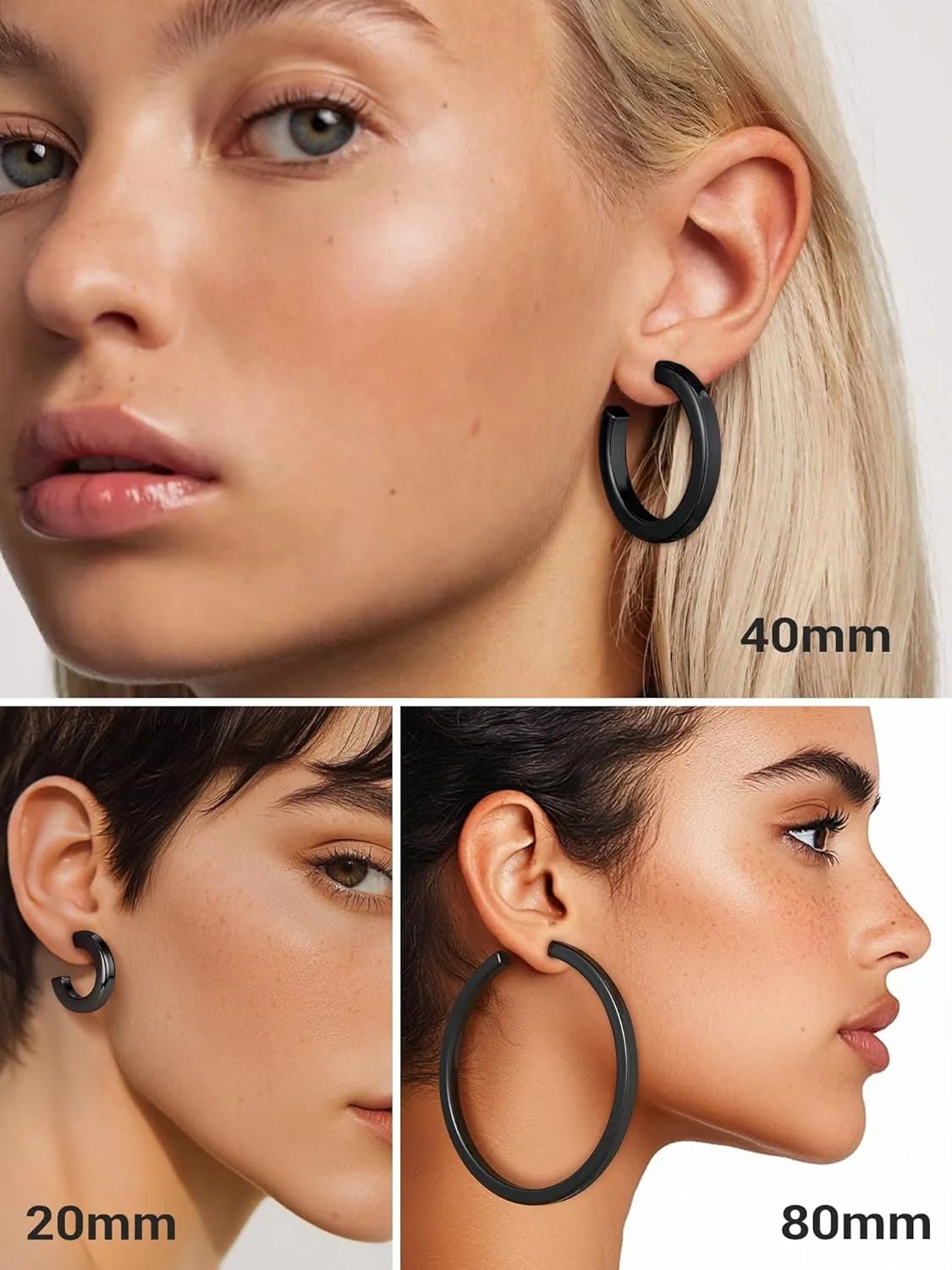 Stainless Steel Chunky Hoop Earrings For Women, Minimalist and Chic, Black/Gold Plated, Round Hoops Earrings Hypoallergenic, Size: 30mm/40mm/60mm/80mm, Come with Box