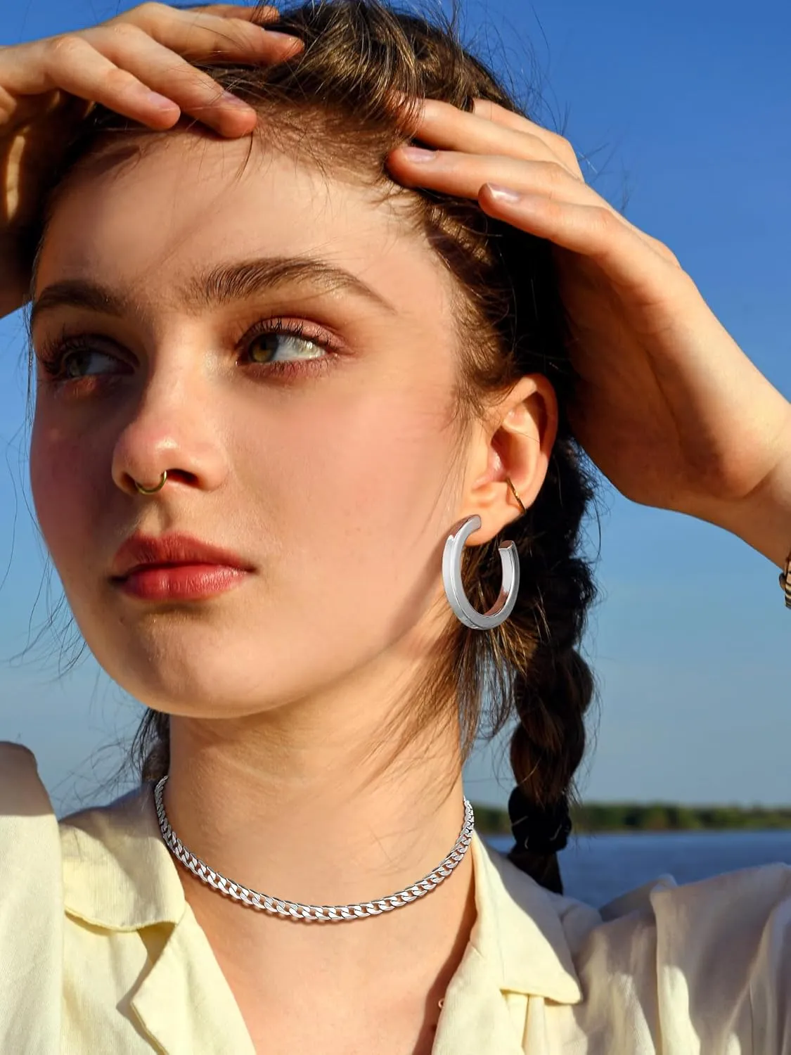 Stainless Steel Chunky Hoop Earrings For Women, Minimalist and Chic, Black/Gold Plated, Round Hoops Earrings Hypoallergenic, Size: 30mm/40mm/60mm/80mm, Come with Box
