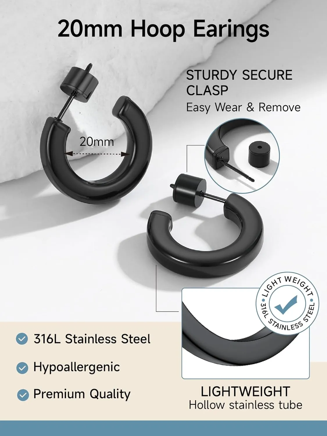 Stainless Steel Chunky Hoop Earrings For Women, Minimalist and Chic, Black/Gold Plated, Round Hoops Earrings Hypoallergenic, Size: 30mm/40mm/60mm/80mm, Come with Box