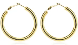 Stainless Steel Chunky Hoop Earrings For Women, Minimalist and Chic Jewelry, Black/18K Real Gold Plated, Round Hoops Earrings Hypoallergenic, Size:30mm/40mm/60mm/80mm, Come Gift Box
