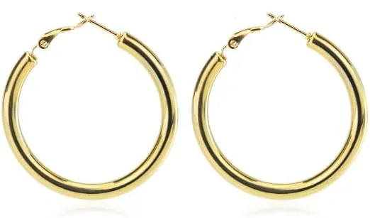 Stainless Steel Chunky Hoop Earrings For Women, Minimalist and Chic Jewelry, Black/18K Real Gold Plated, Round Hoops Earrings Hypoallergenic, Size:30mm/40mm/60mm/80mm, Come Gift Box
