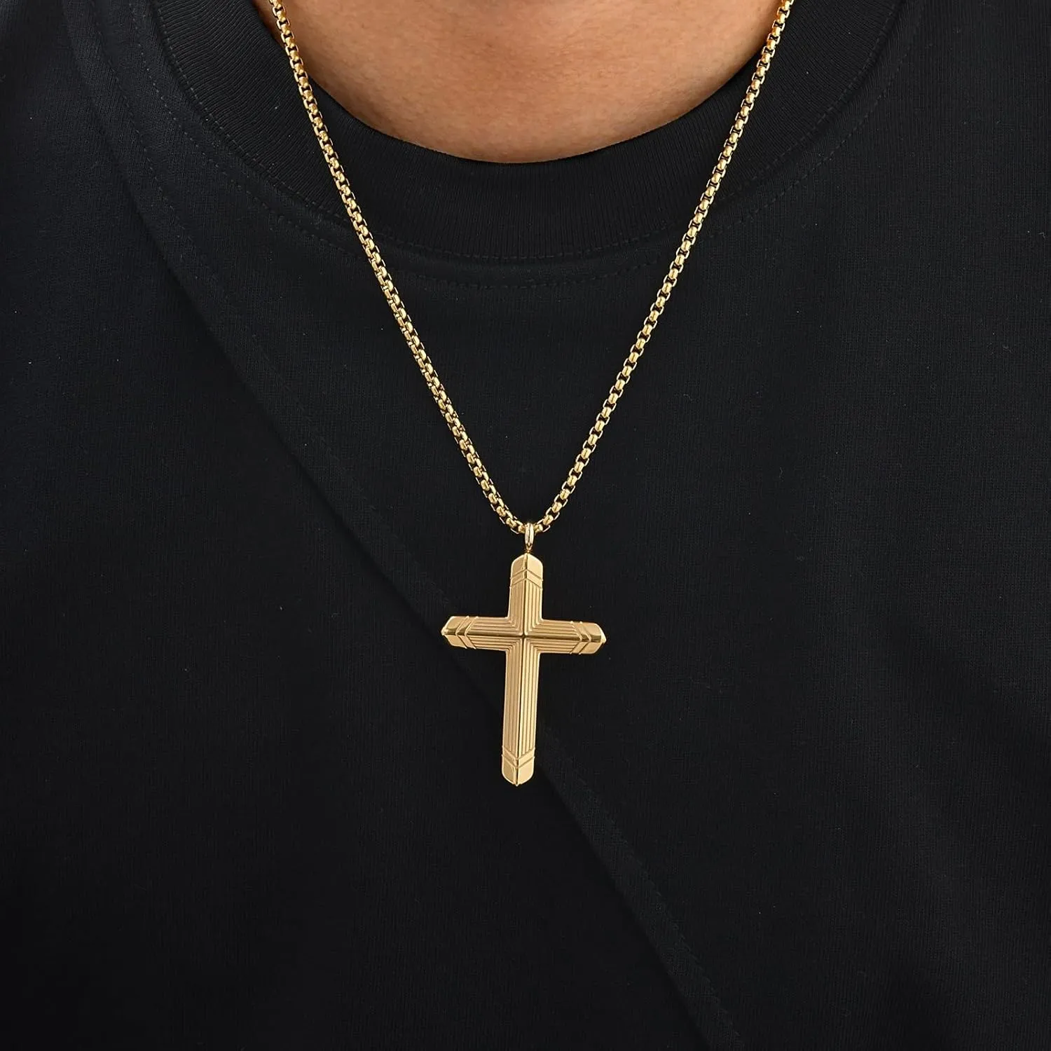 Stainless Steel Cross Necklace for Men, Silver Black Gold Cross Pendant Jesus Necklace Chain, Non Tarnish Sturdy Mens Christian Jewelry Gifts for Him Baptism Confirmation Birthday, 24 Inch
