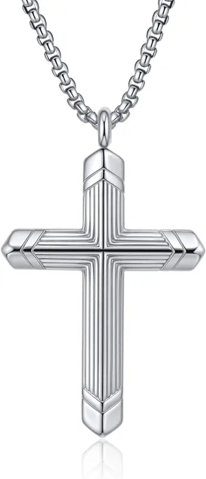 Stainless Steel Cross Necklace for Men, Silver Black Gold Cross Pendant Jesus Necklace Chain, Non Tarnish Sturdy Mens Christian Jewelry Gifts for Him Baptism Confirmation Birthday, 24 Inch