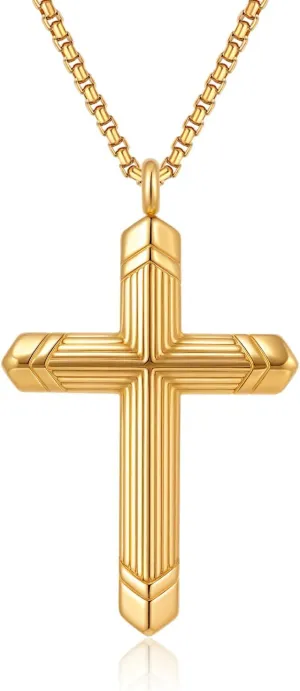 Stainless Steel Cross Necklace for Men, Silver Black Gold Cross Pendant Jesus Necklace Chain, Non Tarnish Sturdy Mens Christian Jewelry Gifts for Him Baptism Confirmation Birthday, 24 Inch