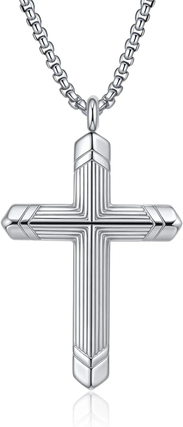 Stainless Steel Cross Necklace for Men, Silver Black Gold Cross Pendant Jesus Necklace Chain, Non Tarnish Sturdy Mens Christian Jewelry Gifts for Him Baptism Confirmation Birthday, 24 Inch