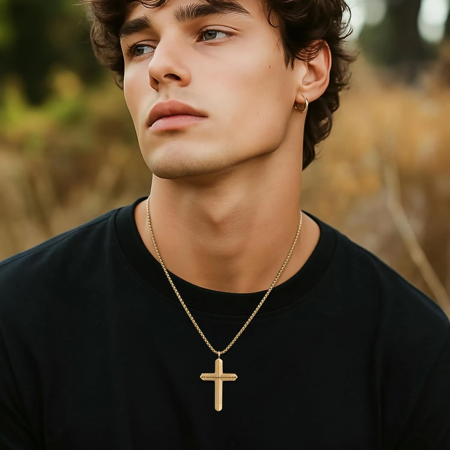Stainless Steel Cross Necklace for Men, Silver Black Gold Cross Pendant Jesus Necklace Chain, Non Tarnish Sturdy Mens Christian Jewelry Gifts for Him Baptism Confirmation Birthday, 24 Inch