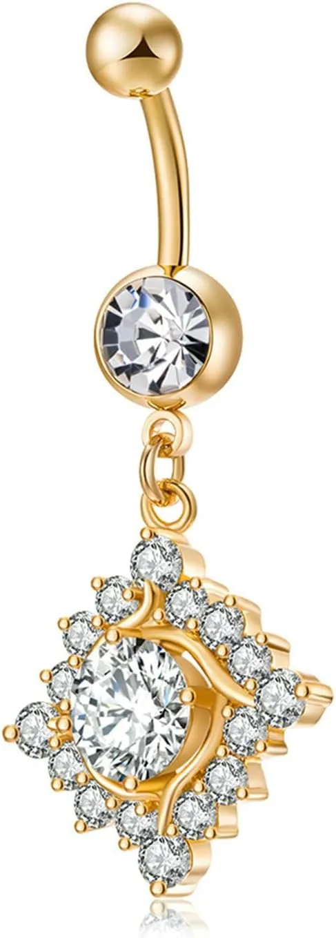 Stainless Steel Navel Rings for Women, CZ Hoop Navel Rings for Women Rhombus Gold Belly Rings