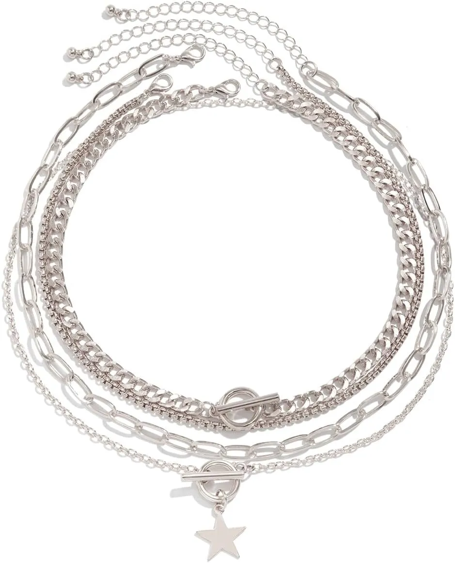 Star Layered Necklaces for Women Gold Silver Plated OT Clasp Choker Paperclip Chain Pentagram Pendant Necklace Vintage Trendy Punk Y2k Jewelry Set Gifts