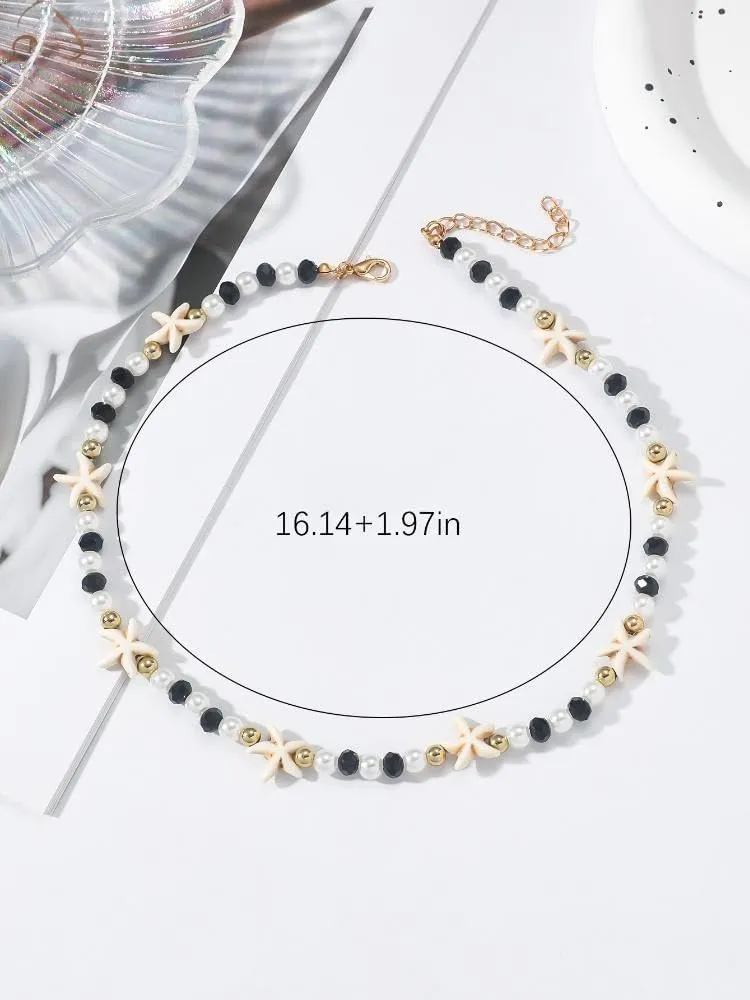 Starfish Necklace, Gold Choker Beach Summer Pearl Crystal Beaded Necklaces Dainty Statement Trendy Shell Adjustable Anniversary Holiday Jewelry Gift