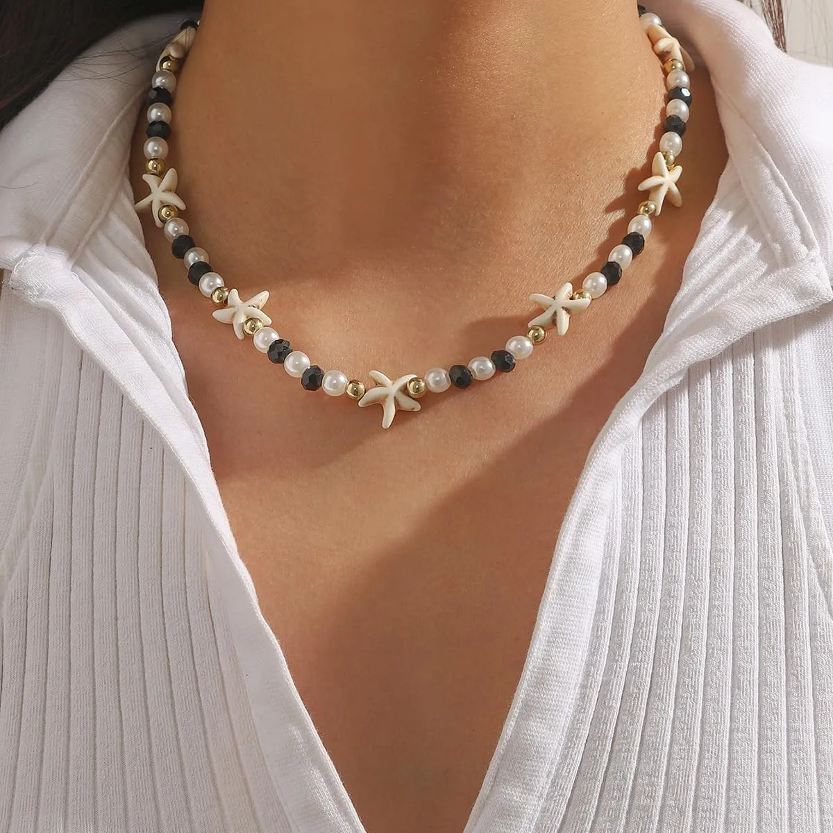 Starfish Necklace, Gold Choker Beach Summer Pearl Crystal Beaded Necklaces Dainty Statement Trendy Shell Adjustable Anniversary Holiday Jewelry Gift
