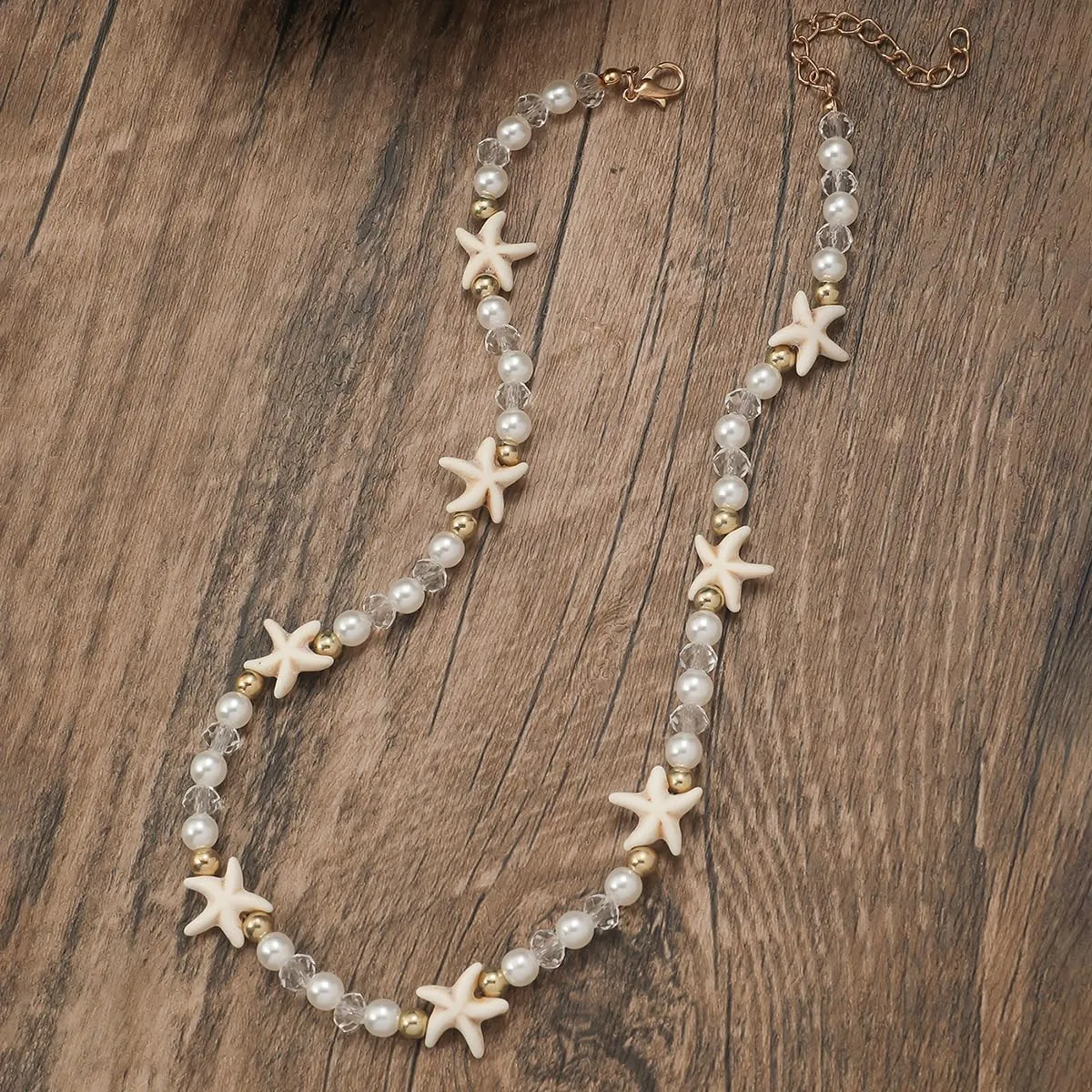 Starfish Necklace, Gold Choker Beach Summer Pearl Crystal Beaded Necklaces Dainty Statement Trendy Shell Adjustable Anniversary Holiday Jewelry Gift