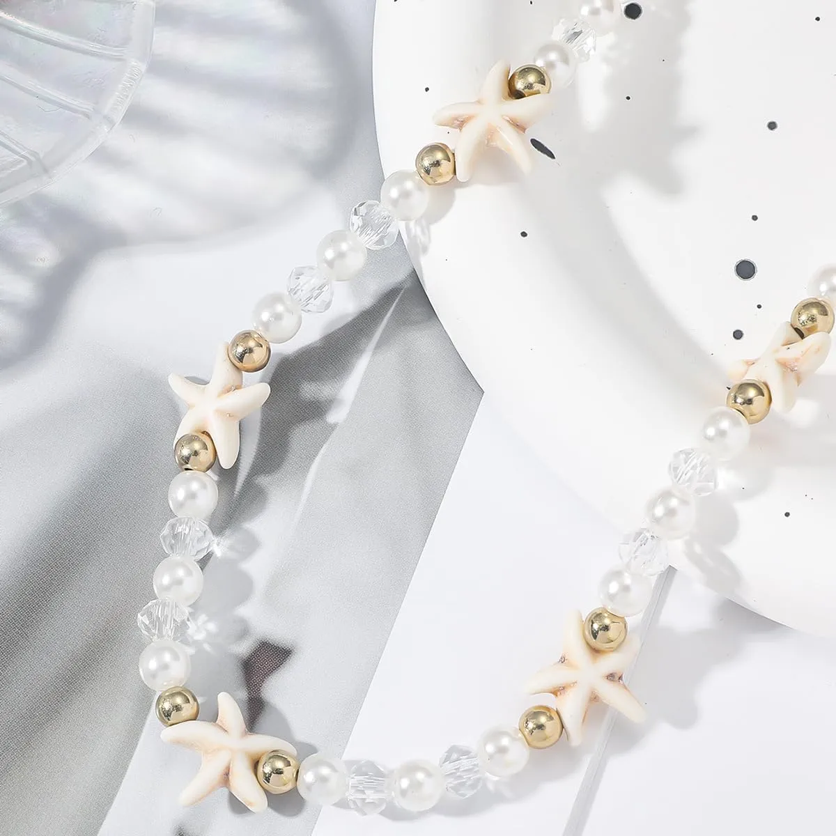 Starfish Necklace, Gold Choker Beach Summer Pearl Crystal Beaded Necklaces Dainty Statement Trendy Shell Adjustable Anniversary Holiday Jewelry Gift