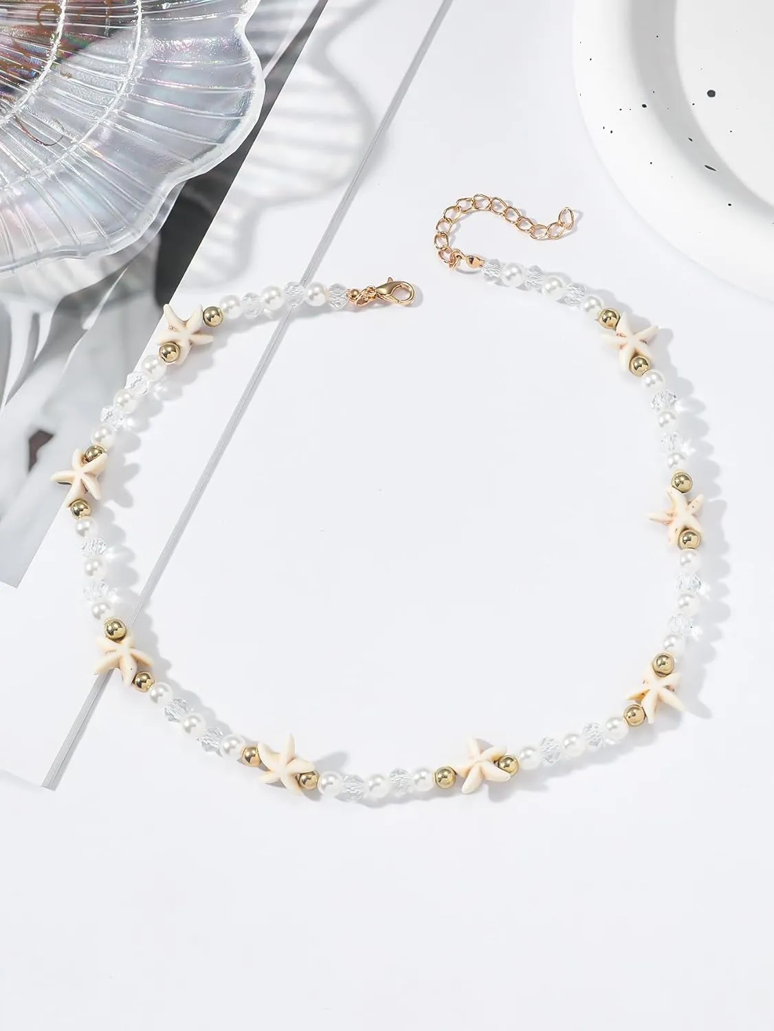 Starfish Necklace, Gold Choker Beach Summer Pearl Crystal Beaded Necklaces Dainty Statement Trendy Shell Adjustable Anniversary Holiday Jewelry Gift