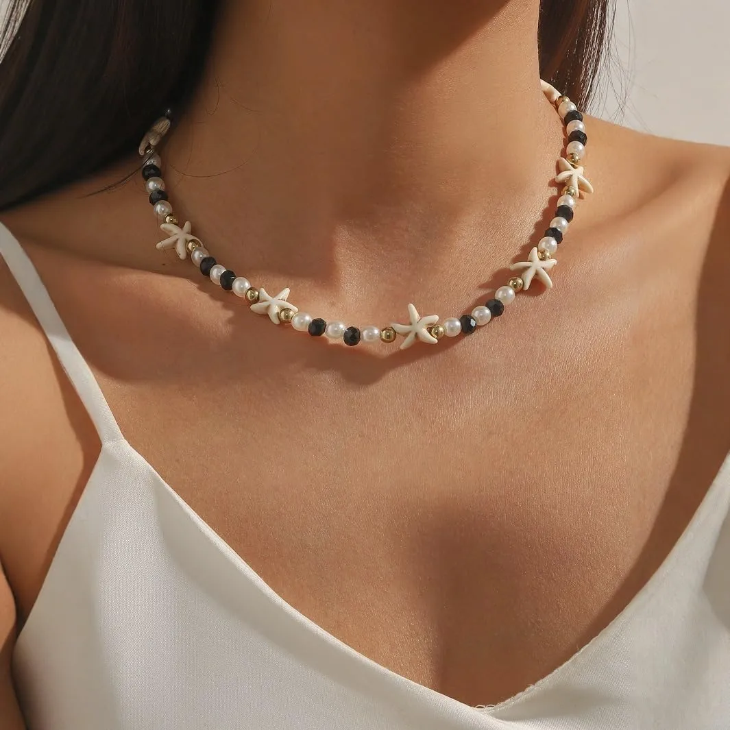 Starfish Necklace, Gold Choker Beach Summer Pearl Crystal Beaded Necklaces Dainty Statement Trendy Shell Adjustable Anniversary Holiday Jewelry Gift