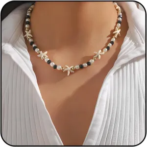 Starfish Necklace, Gold Choker Beach Summer Pearl Crystal Beaded Necklaces Dainty Statement Trendy Shell Adjustable Anniversary Holiday Jewelry Gift